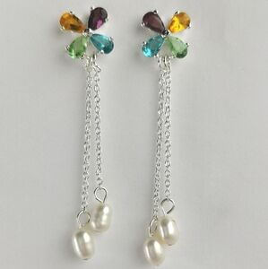 Peridot Citrine Amethyst Fluorite Pearl Dangle Earrings Sterling Silver 🆕